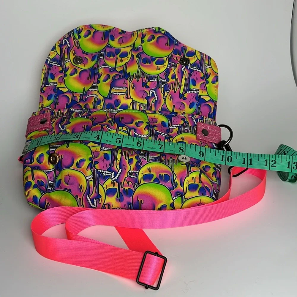Skull Neon Pink Glitter Drippy Psychedelic Crossbody Bag with Strap - Picture 8 of 12